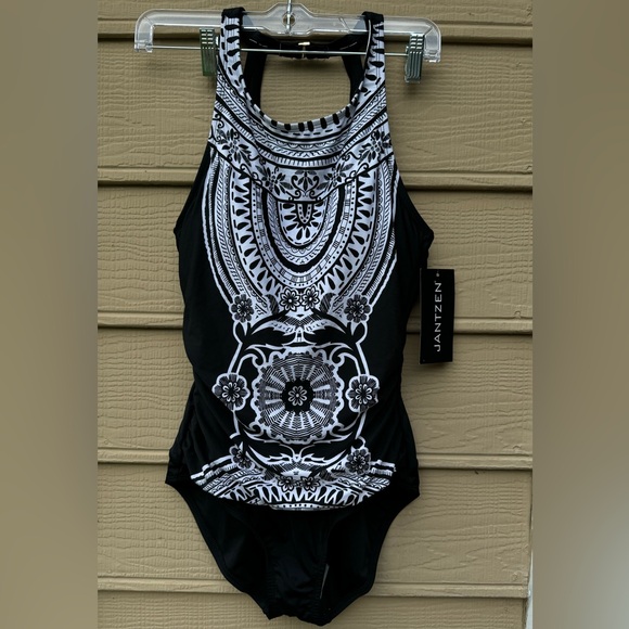 NWT- Jantzen Swimsuit One Piece Geometric Black White Lined - Picture 2 of 8